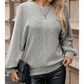 Mirabella Ribbed Knit Round Neck Long Lantern Sleeve Top