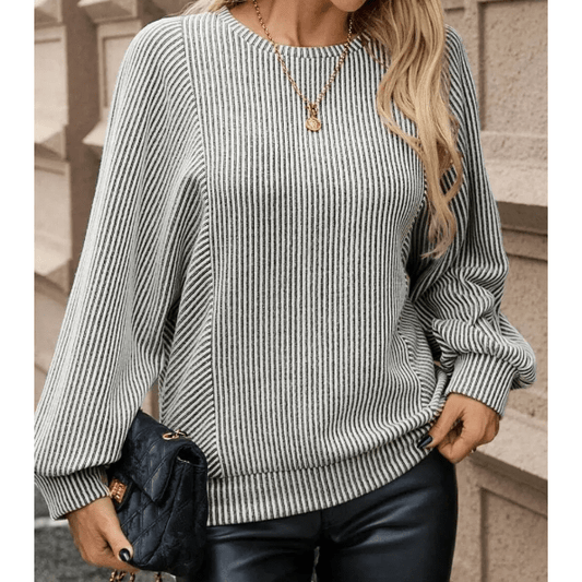 Mirabella Ribbed Knit Round Neck Long Lantern Sleeve Top