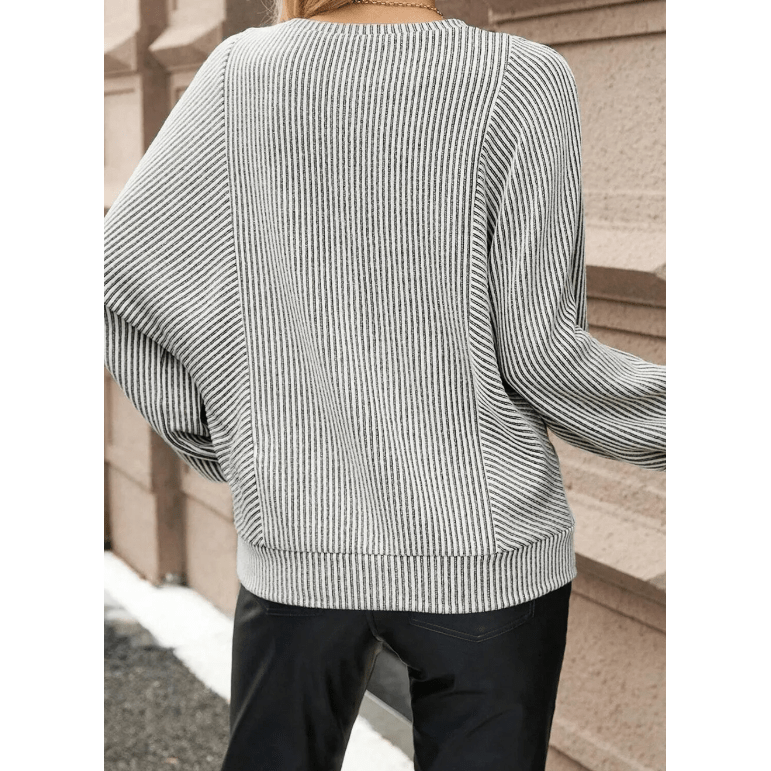 Mirabella Ribbed Knit Round Neck Long Lantern Sleeve Top