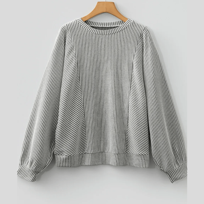 Mirabella Ribbed Knit Round Neck Long Lantern Sleeve Top