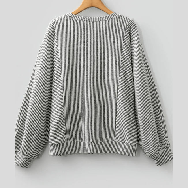 Mirabella Ribbed Knit Round Neck Long Lantern Sleeve Top