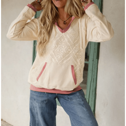 RTS Contrast Trim Crochet Knit Patchwork Exposed Seam Hoodie