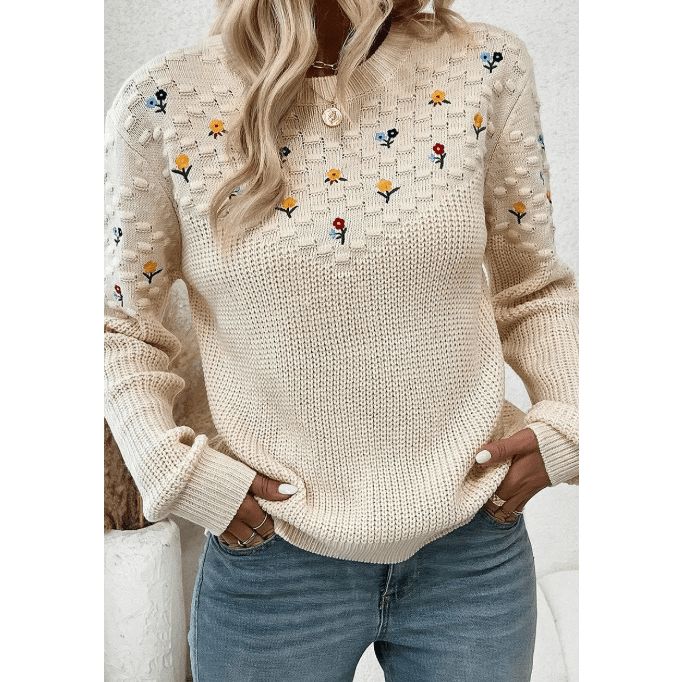 RTS Jayla Mixed Texture Knit Flower Embroidered Detail Casual Sweater
