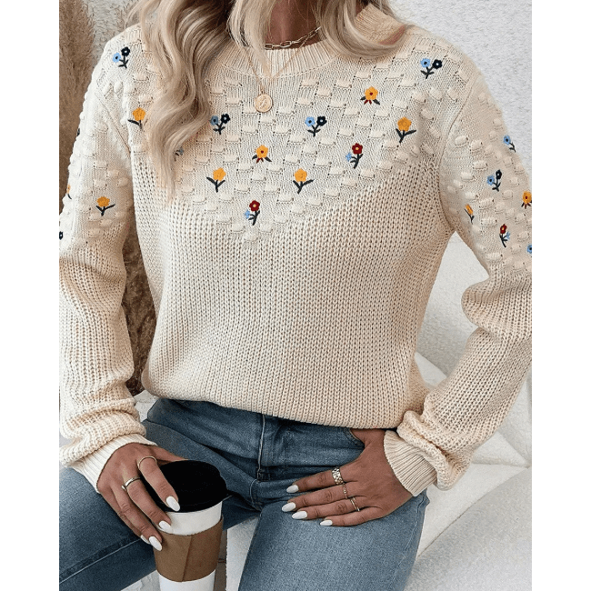 RTS Jayla Mixed Texture Knit Flower Embroidered Detail Casual Sweater