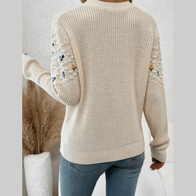 RTS Jayla Mixed Texture Knit Flower Embroidered Detail Casual Sweater