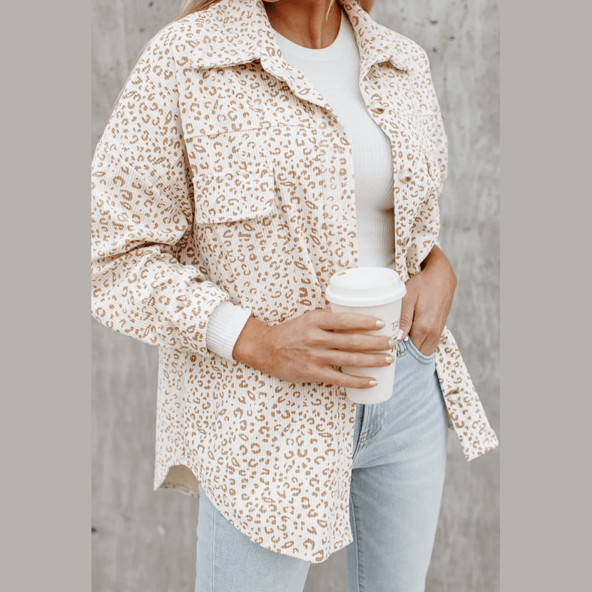 Brisa Leopard Print Flap Pockets Buttoned Corduroy Shacket