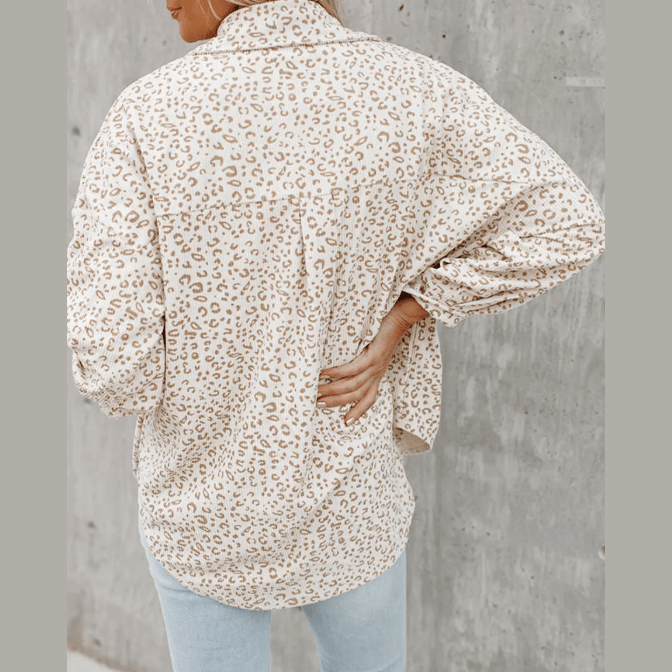 Brisa Leopard Print Flap Pockets Buttoned Corduroy Shacket