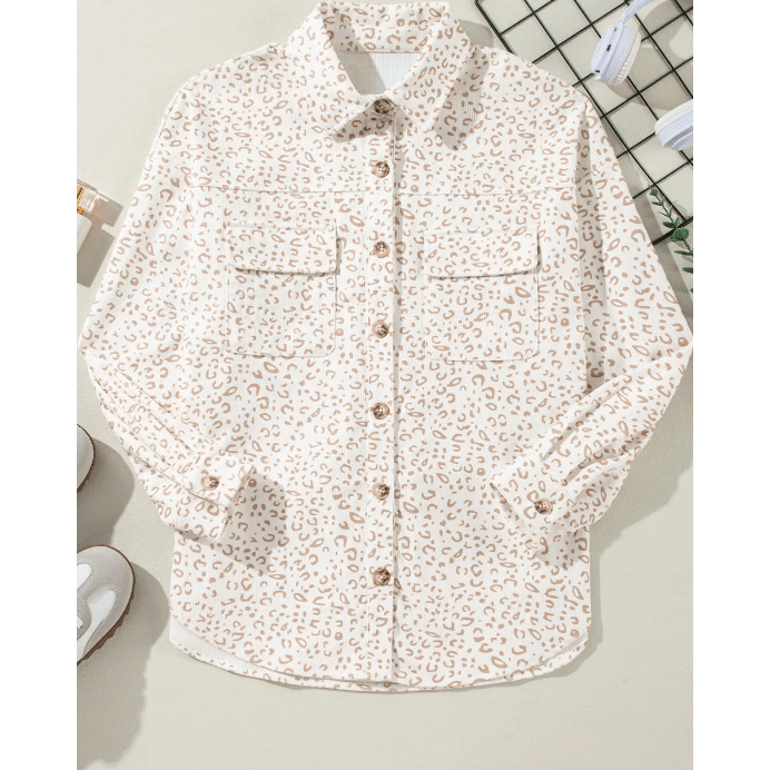 Brisa Leopard Print Flap Pockets Buttoned Corduroy Shacket
