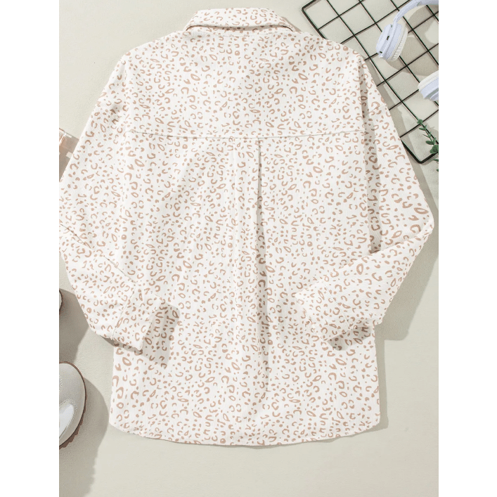 Brisa Leopard Print Flap Pockets Buttoned Corduroy Shacket