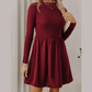Taras Red Dahlia Frilled Neck Ribbed Knit Patchwork Long Sleeve Mini Dress