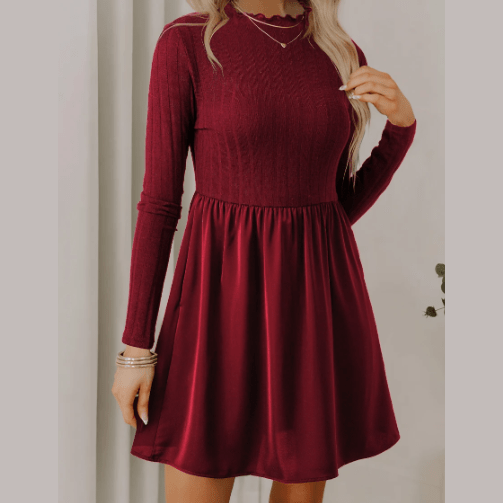 Taras Red Dahlia Frilled Neck Ribbed Knit Patchwork Long Sleeve Mini Dress