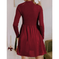 Taras Red Dahlia Frilled Neck Ribbed Knit Patchwork Long Sleeve Mini Dress