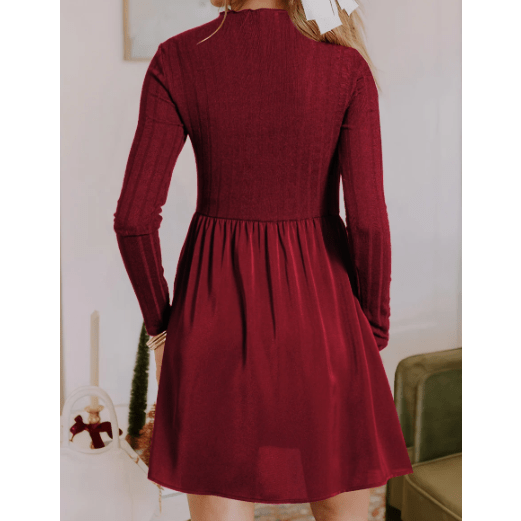 Taras Red Dahlia Frilled Neck Ribbed Knit Patchwork Long Sleeve Mini Dress