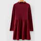 Taras Red Dahlia Frilled Neck Ribbed Knit Patchwork Long Sleeve Mini Dress