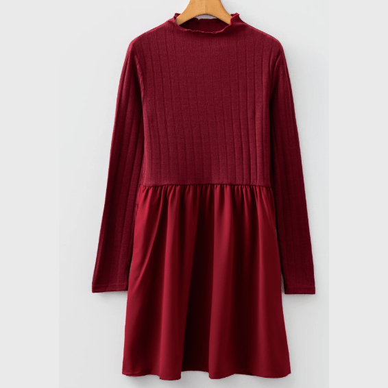 Taras Red Dahlia Frilled Neck Ribbed Knit Patchwork Long Sleeve Mini Dress