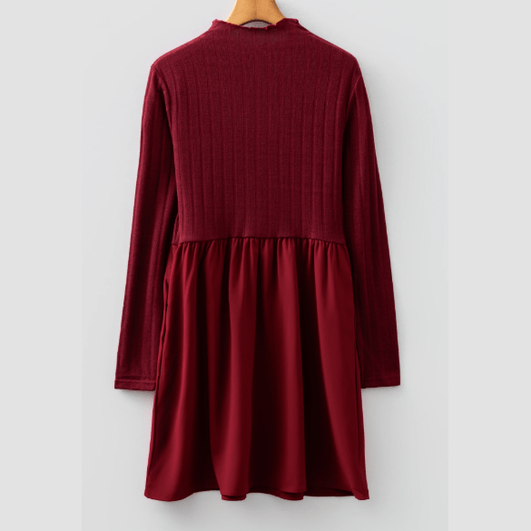 Taras Red Dahlia Frilled Neck Ribbed Knit Patchwork Long Sleeve Mini Dress