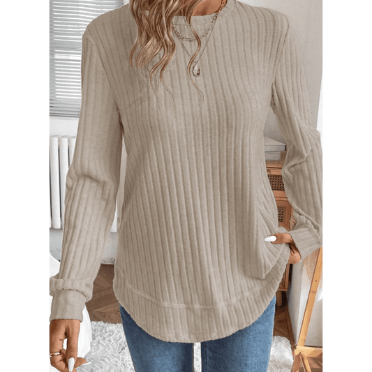 Corrina Khaki Ribbed Texture Round Neck Long Sleeve Rounded Hem Knit Top
