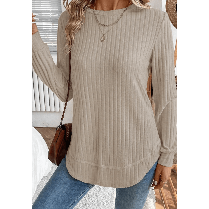 Corrina Khaki Ribbed Texture Round Neck Long Sleeve Rounded Hem Knit Top