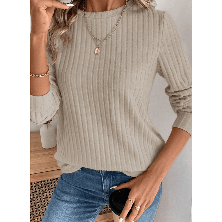 Corrina Khaki Ribbed Texture Round Neck Long Sleeve Rounded Hem Knit Top