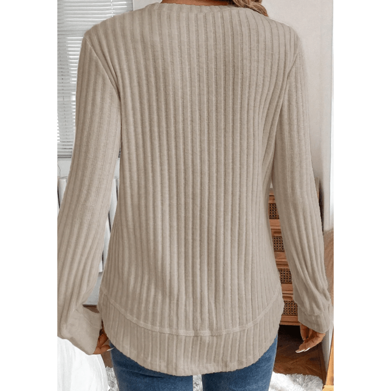 Corrina Khaki Ribbed Texture Round Neck Long Sleeve Rounded Hem Knit Top