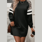 Florris Black Leopard Print Patchwork Varsity Raglan Sleeve Sweatshirt Dress