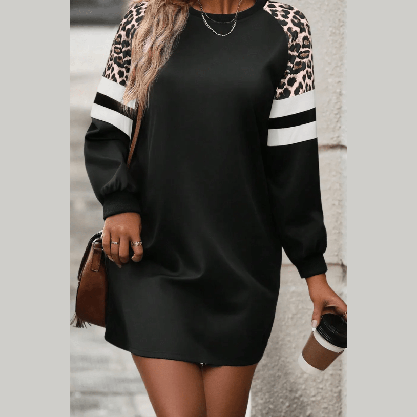 Florris Black Leopard Print Patchwork Varsity Raglan Sleeve Sweatshirt Dress