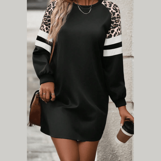 Florris Black Leopard Print Patchwork Varsity Raglan Sleeve Sweatshirt Dress