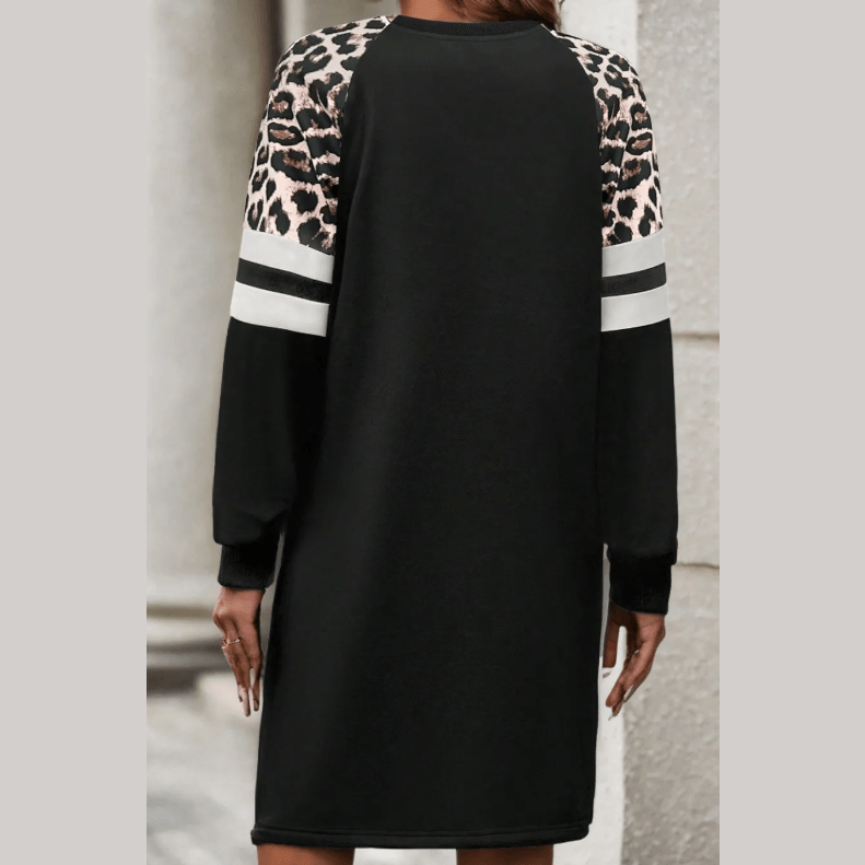 Florris Black Leopard Print Patchwork Varsity Raglan Sleeve Sweatshirt Dress