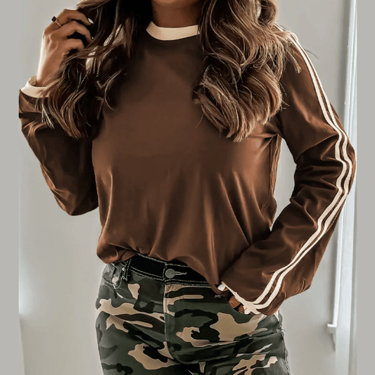 Audrina Dark Brown Varsity Striped Accent Contrast Crew Neck Long Sleeve T Shirt