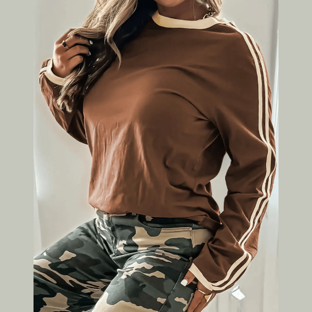 Audrina Dark Brown Varsity Striped Accent Contrast Crew Neck Long Sleeve T Shirt