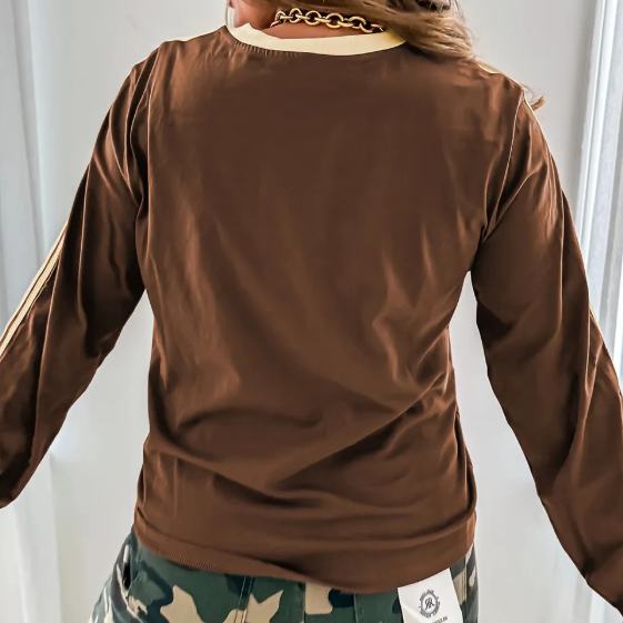 Audrina Dark Brown Varsity Striped Accent Contrast Crew Neck Long Sleeve T Shirt