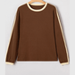Audrina Dark Brown Varsity Striped Accent Contrast Crew Neck Long Sleeve T Shirt