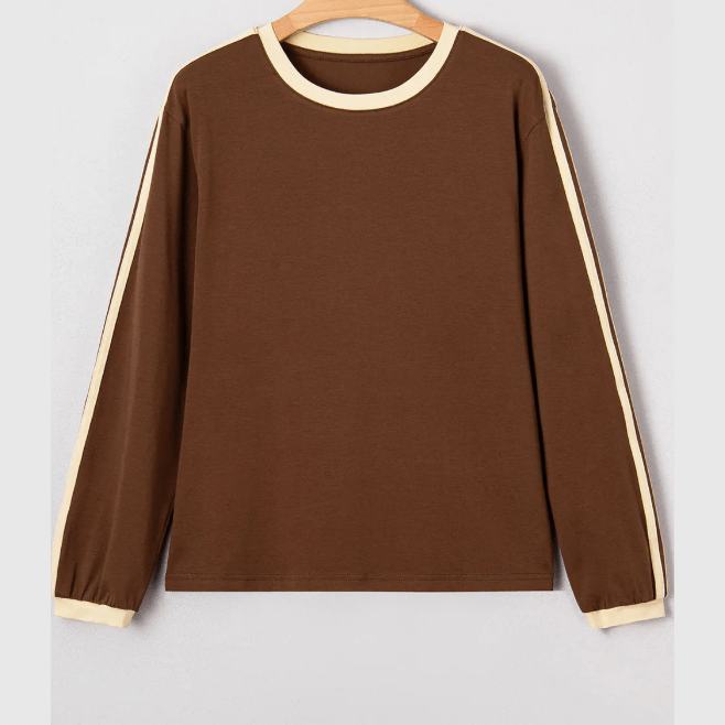 Audrina Dark Brown Varsity Striped Accent Contrast Crew Neck Long Sleeve T Shirt