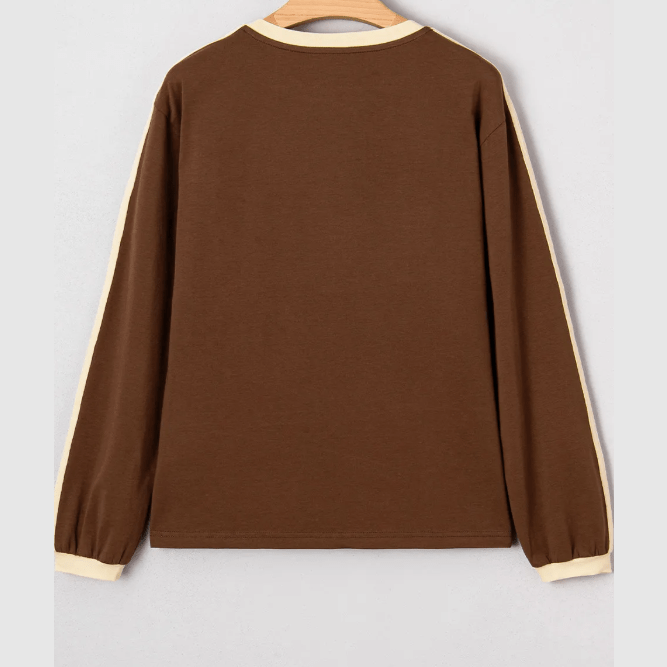 Audrina Dark Brown Varsity Striped Accent Contrast Crew Neck Long Sleeve T Shirt