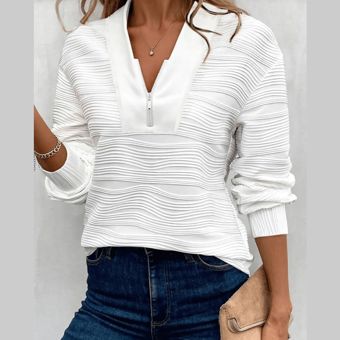 Dharma White Solid Color Textured Zip V Neck Pullover Sweatshirt