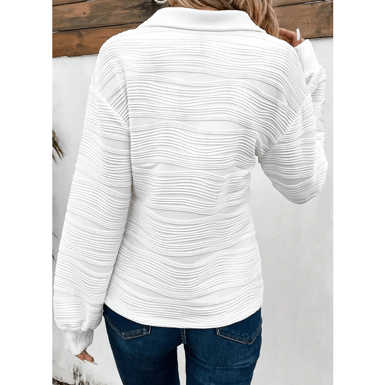 Dharma White Solid Color Textured Zip V Neck Pullover Sweatshirt