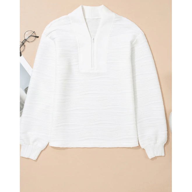 Dharma White Solid Color Textured Zip V Neck Pullover Sweatshirt