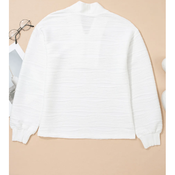 Dharma White Solid Color Textured Zip V Neck Pullover Sweatshirt