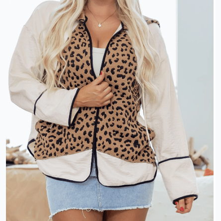 Verlaine Brown Leopard Star Hooded Patchwork Contrast Piping Open Front Jacket