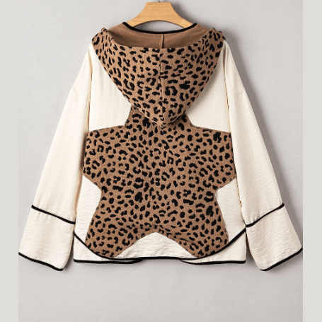 Verlaine Brown Leopard Star Hooded Patchwork Contrast Piping Open Front Jacket