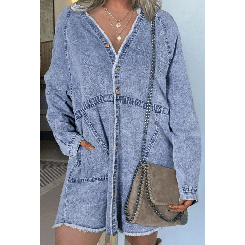 Graciella Mineral Wash Long Sleeve Button Up Raw Hem Pocketed Denim Dress