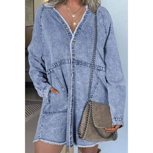 Graciella Mineral Wash Long Sleeve Button Up Raw Hem Pocketed Denim Dress