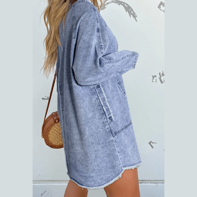 Graciella Mineral Wash Long Sleeve Button Up Raw Hem Pocketed Denim Dress