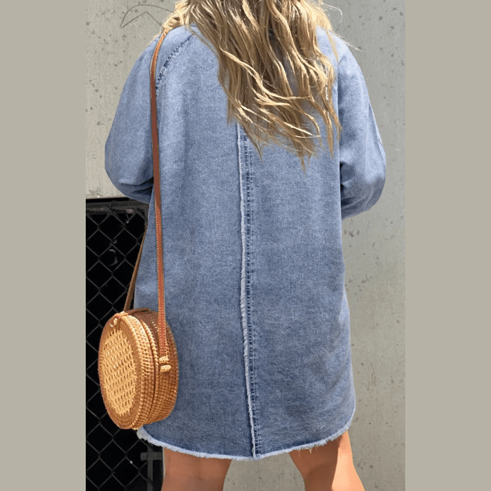 Graciella Mineral Wash Long Sleeve Button Up Raw Hem Pocketed Denim Dress
