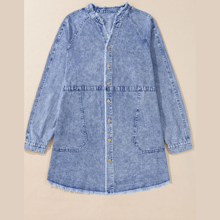 Graciella Mineral Wash Long Sleeve Button Up Raw Hem Pocketed Denim Dress