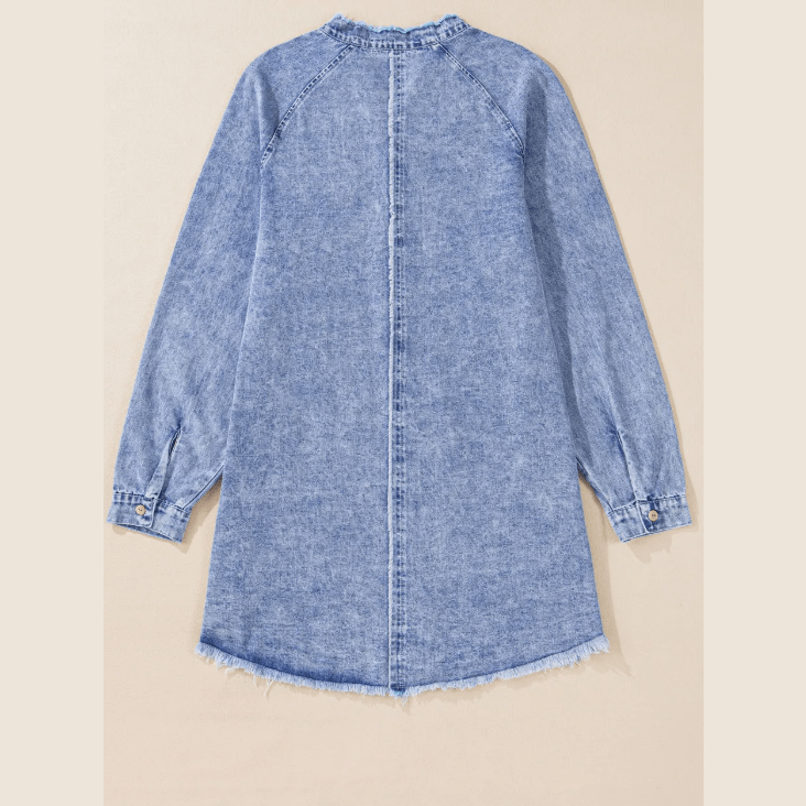 Graciella Mineral Wash Long Sleeve Button Up Raw Hem Pocketed Denim Dress