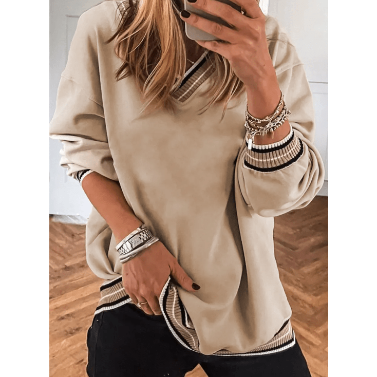 Ember Parchment Varsity Contrast Striped Trim V Neck Sweatshirt