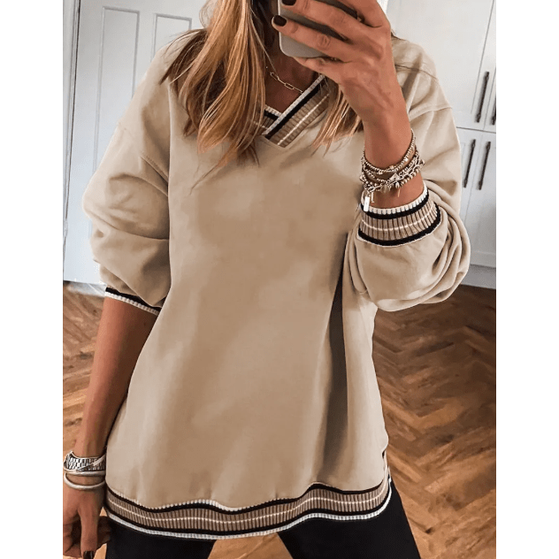 Ember Parchment Varsity Contrast Striped Trim V Neck Sweatshirt