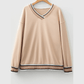 Ember Parchment Varsity Contrast Striped Trim V Neck Sweatshirt