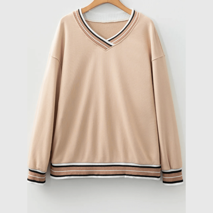 Ember Parchment Varsity Contrast Striped Trim V Neck Sweatshirt